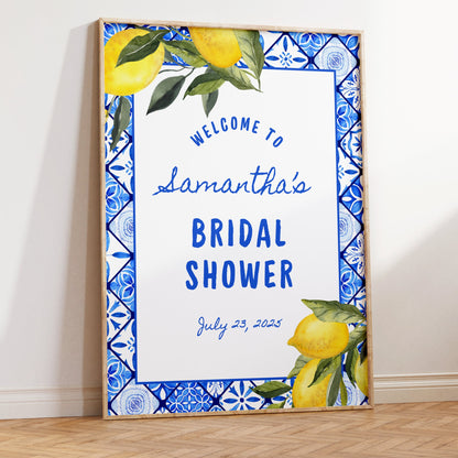 Blue Tile Italian Lemon Bridal Shower Welcome Sign – Editable Canva Bridal Shower Decor