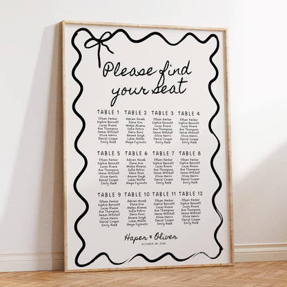 Wavy Bow Wedding Seating Chart Template – Editable Table Seating Sign Canva DIY