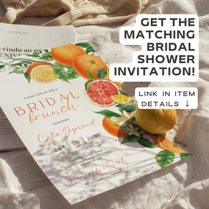 Orange Citrus Bridal Shower Sign Editable Template – “She Found Her Main Squeeze” Printable Floral Bridal Shower Decor (DIY Canva)