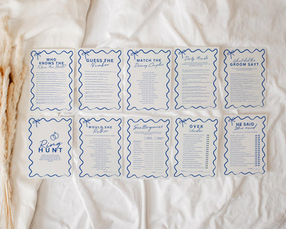 Wavy Blue Bow Bachelorette Party Games Bundle – 22 Editable Canva Templates for Bridal Shower &amp; Hen Party