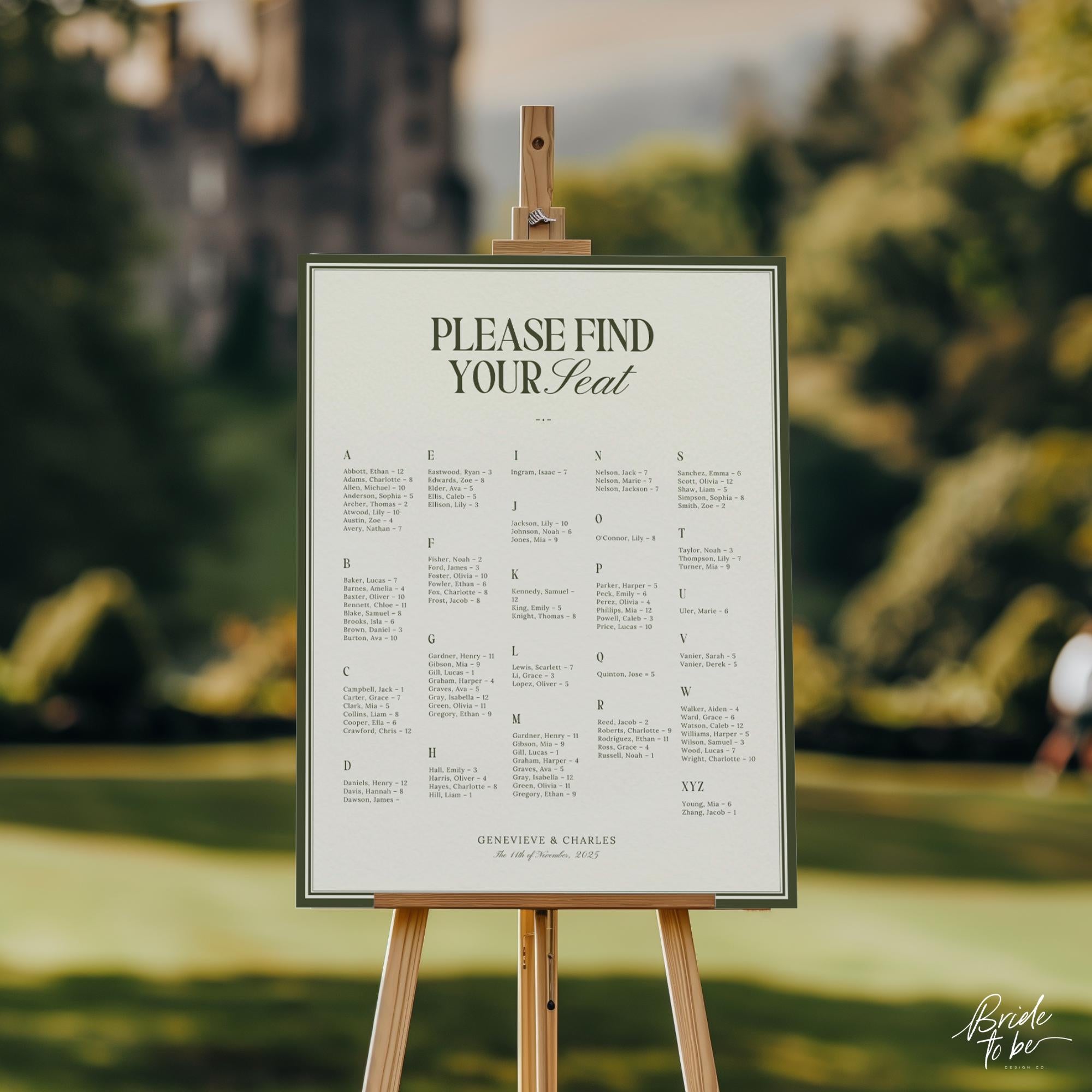 Old Money Olive Green Seating Chart Template – Elegant Wedding Seating Sign – Editable Canva Layouts
