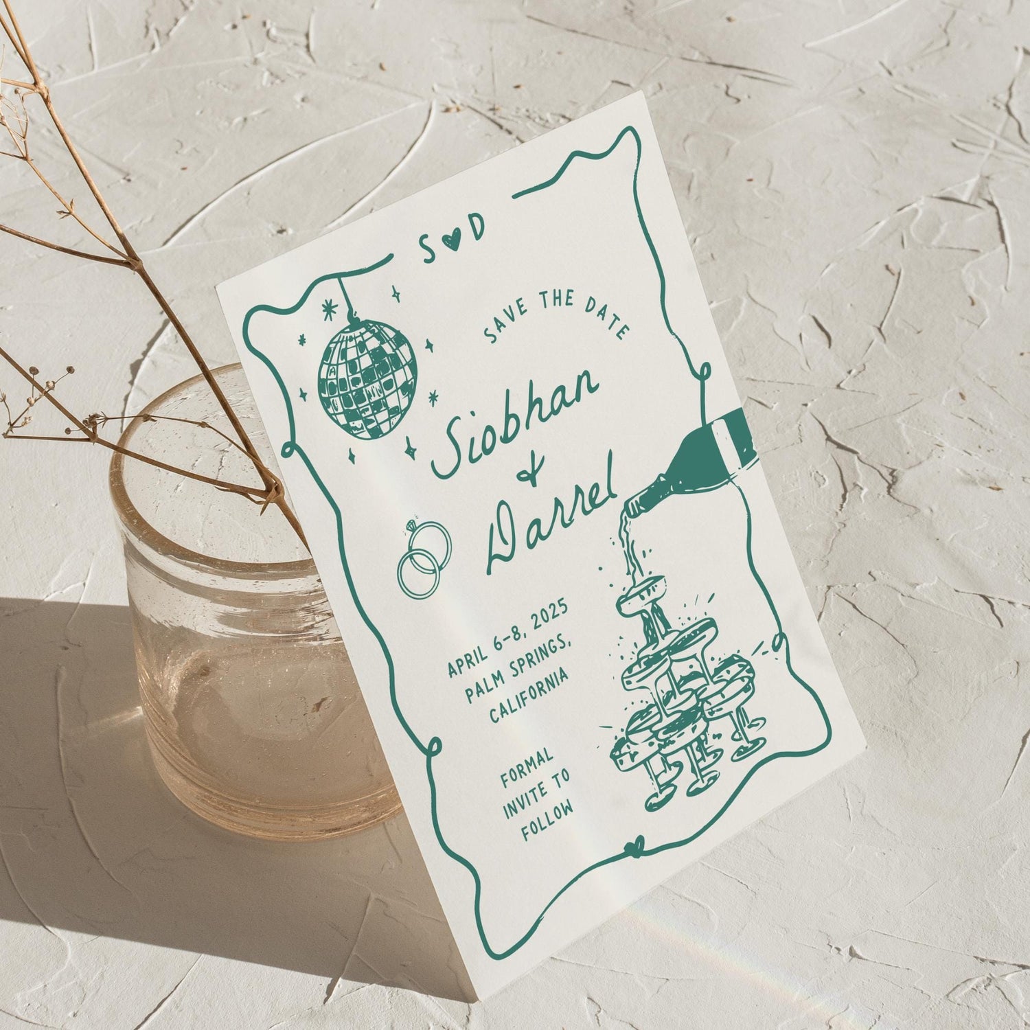 Save The Date &amp; Rehearsal Dinner Invitation Template – Hand-Drawn Wedding Canva Design