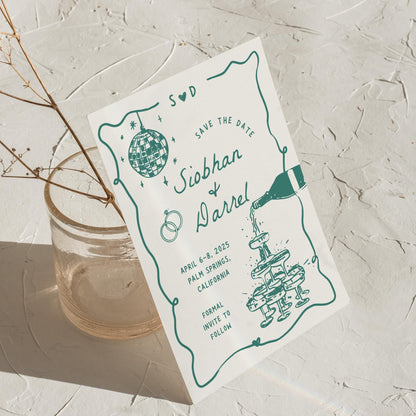 Save The Date &amp; Rehearsal Dinner Invitation Template – Hand-Drawn Wedding Canva Design