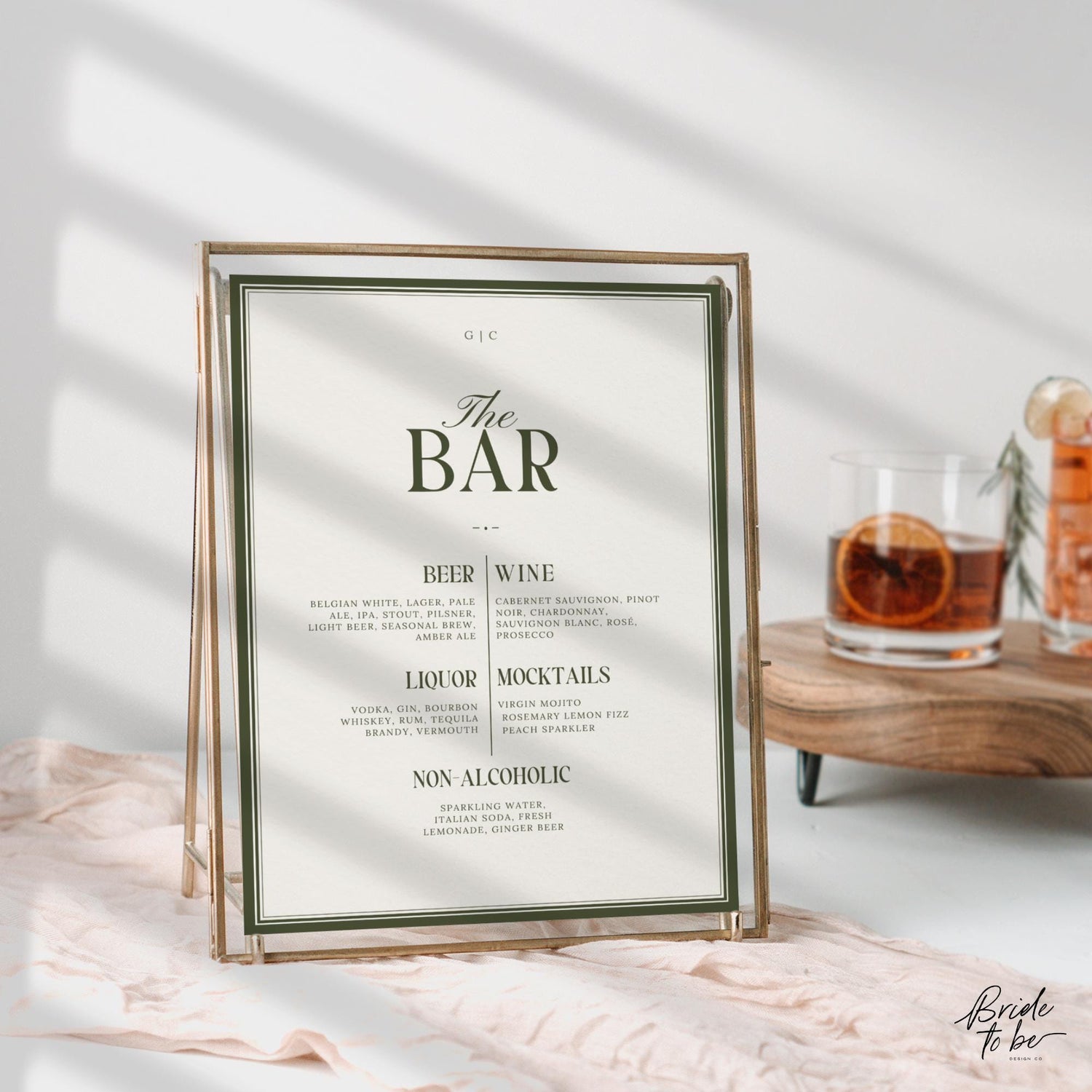 Olive Green Bar Menu Sign – Old Money Wedding Drinks List Canva Template