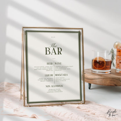 Olive Green Bar Menu Sign – Old Money Wedding Drinks List Canva Template