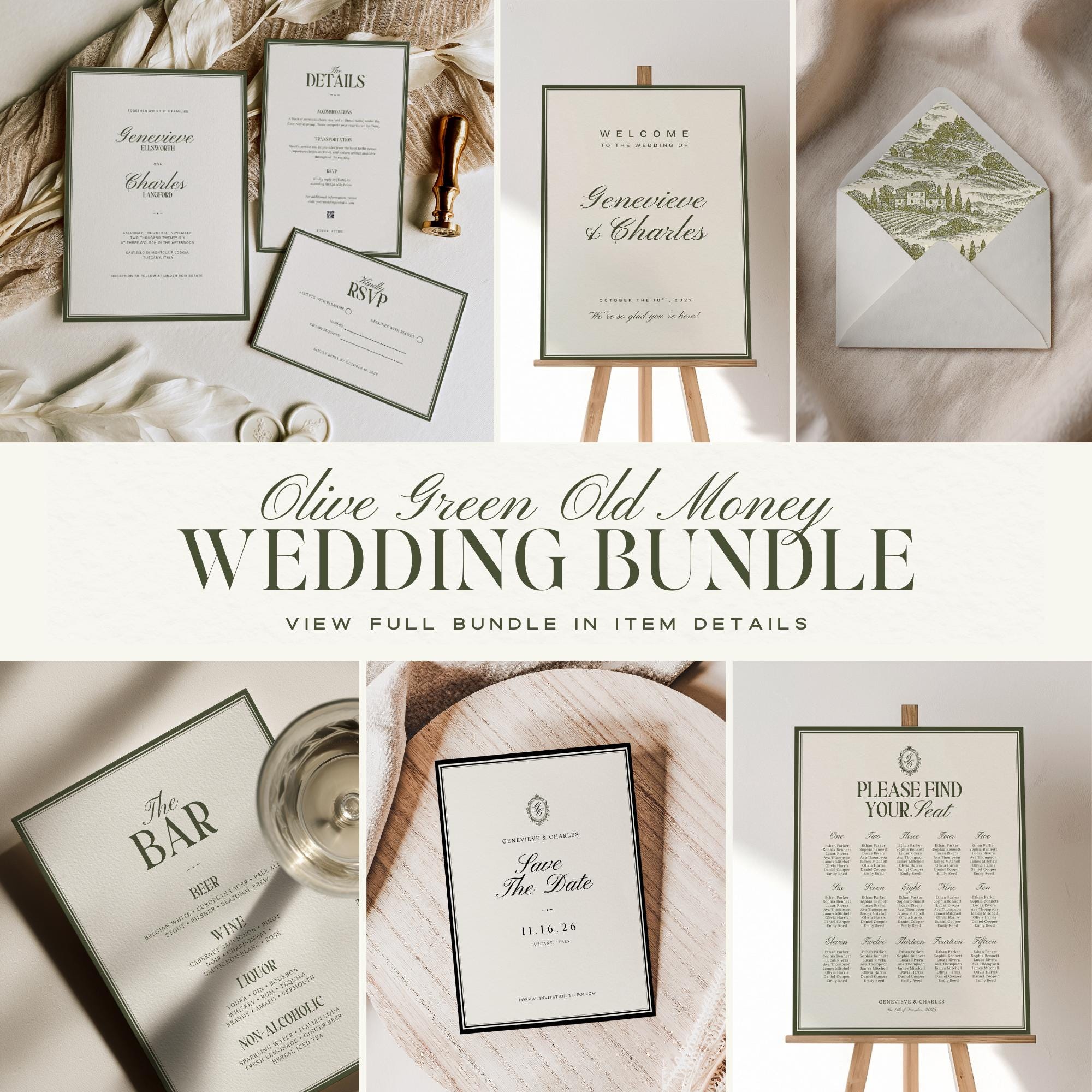 Old Money Olive Green Wedding Invitation Suite – Estate Canva Template