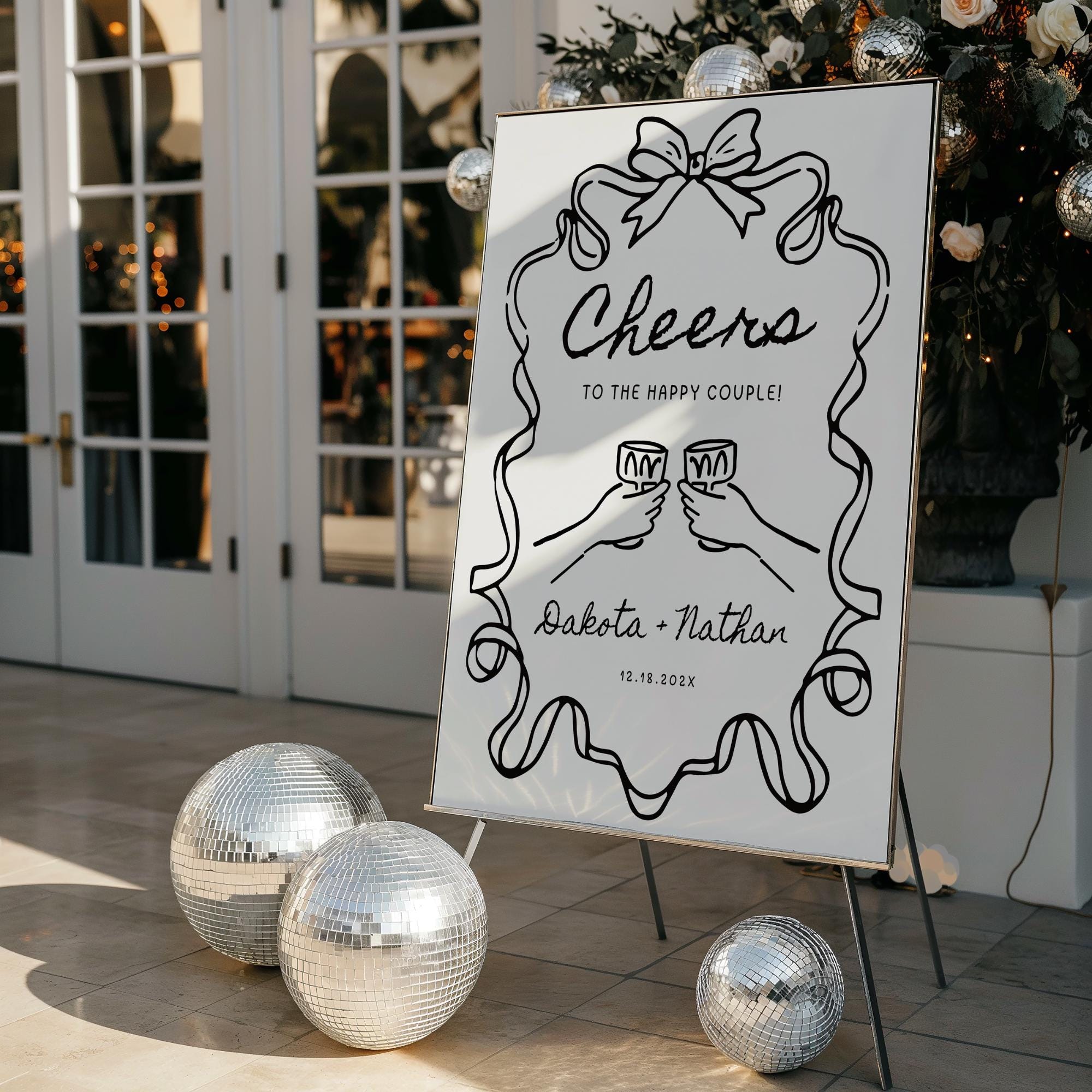 Whimsical Engagement Party Welcome Sign – Editable Canva Template with Bow Illustration