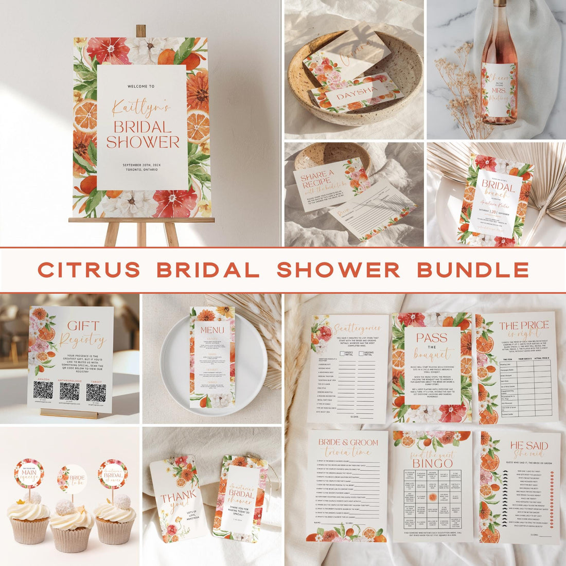Citrus Bridal Shower Bundle Template – Main Squeeze Invitation, Games &amp; Decorations – Editable Canva Spring Bridal Brunch