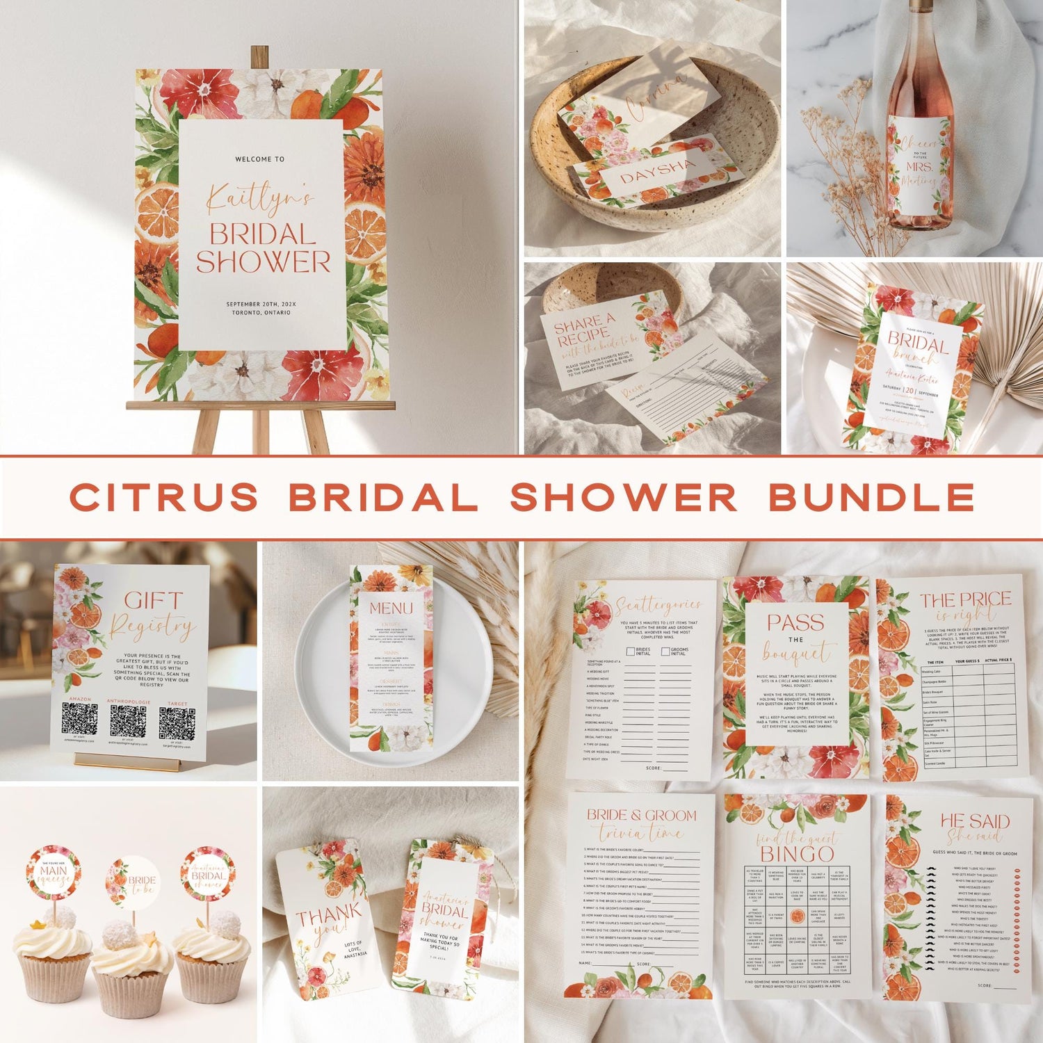 Citrus Bridal Shower Bundle Template – Main Squeeze Invitation, Games &amp; Decorations – Editable Canva Spring Bridal Brunch