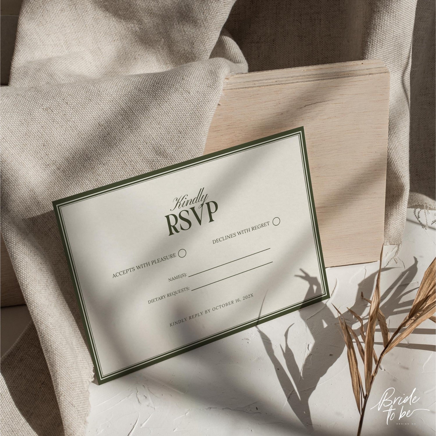 Olive Green Wedding RSVP Card Template – Old Money Canva Design with Monogram Back