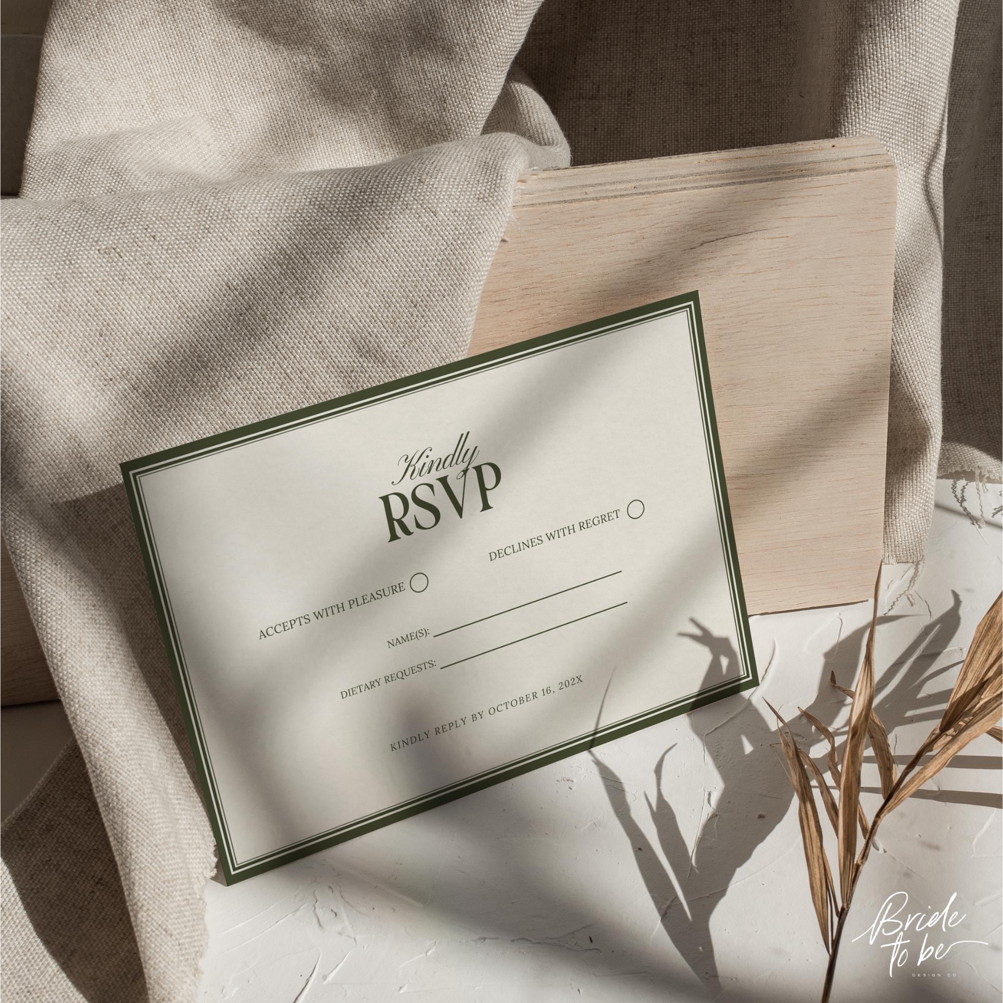 Olive Green Wedding RSVP Card Template – Old Money Canva Design with Monogram Back