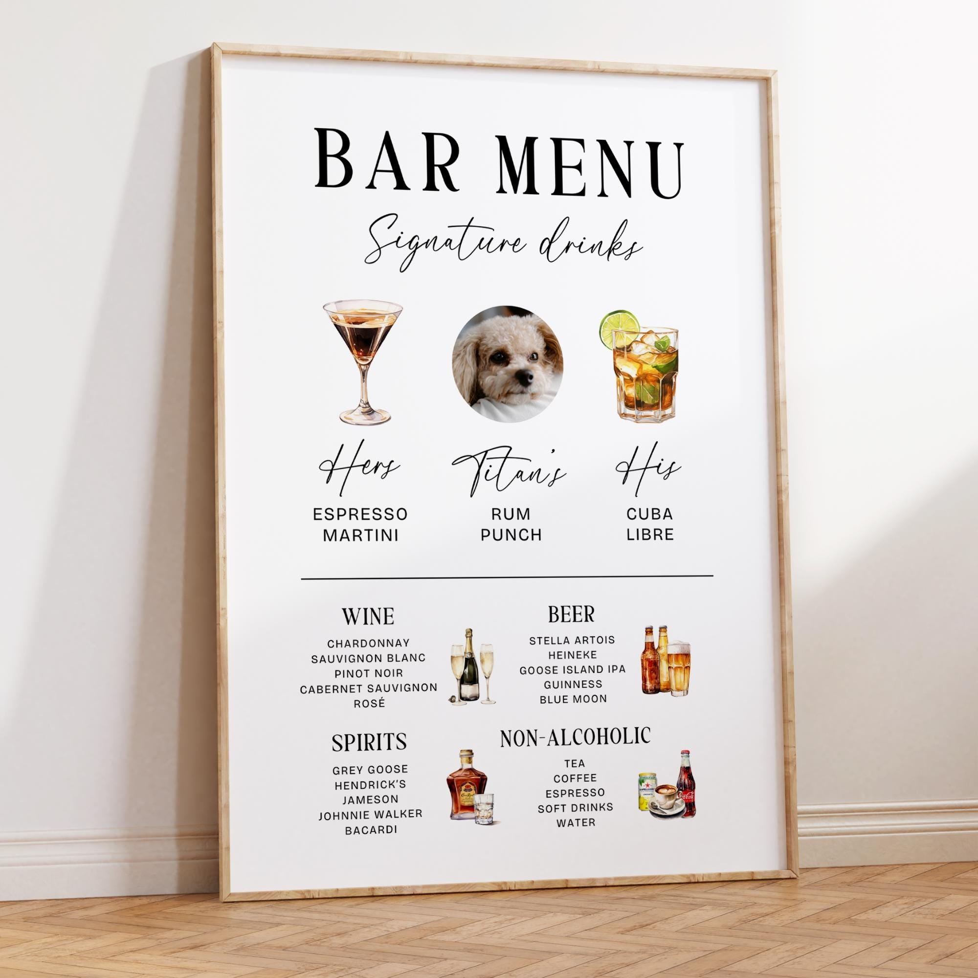 Modern Signature Drinks Sign – His &amp; Hers Bar Menu with Pet Cocktail Illustration Canva Template