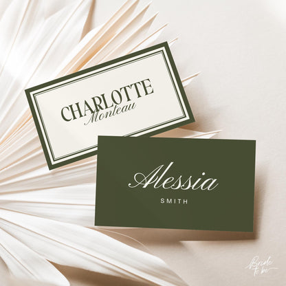 Olive Green Old Money Place Cards – Luxury Flat &amp; Folded Canva Templates