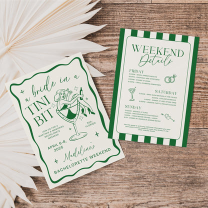 Bride In a Tini Bit Bachelorette Itinerary &amp; Invitation – Martini Bachelorette Canva Template Bundle
