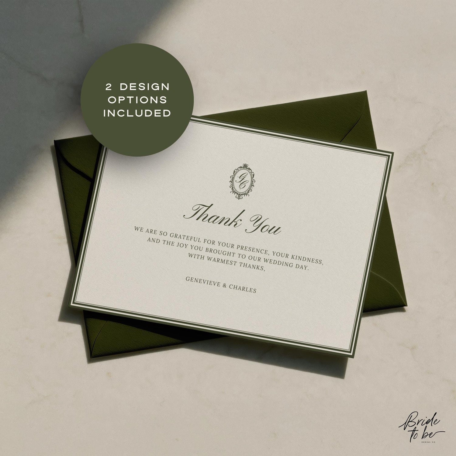 Old Money Olive Green Thank You Card Printable – Elegant Classic Wedding Thank You – Editable Canva Template