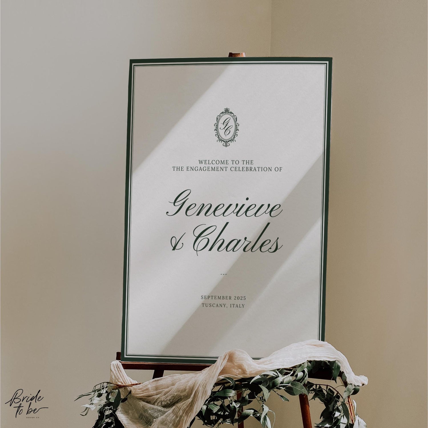 Forest Green Engagement Party Welcome Sign – Elegant Old Money Canva Template