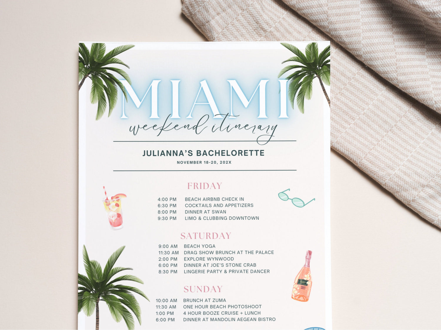 Miami Bachelorette Itinerary Template – Tropical Weekend Travel Schedule Canva
