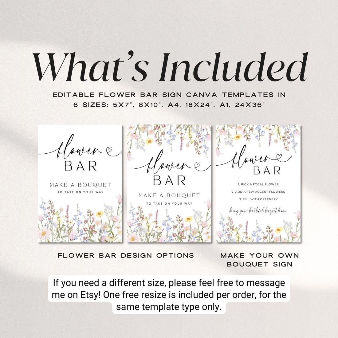 Flower Bar Sign Template, Editable Make a Bouquet Sign, Floral Wedding Sign, Bridal Shower &amp; Baby Shower Sign Canva Template DIY