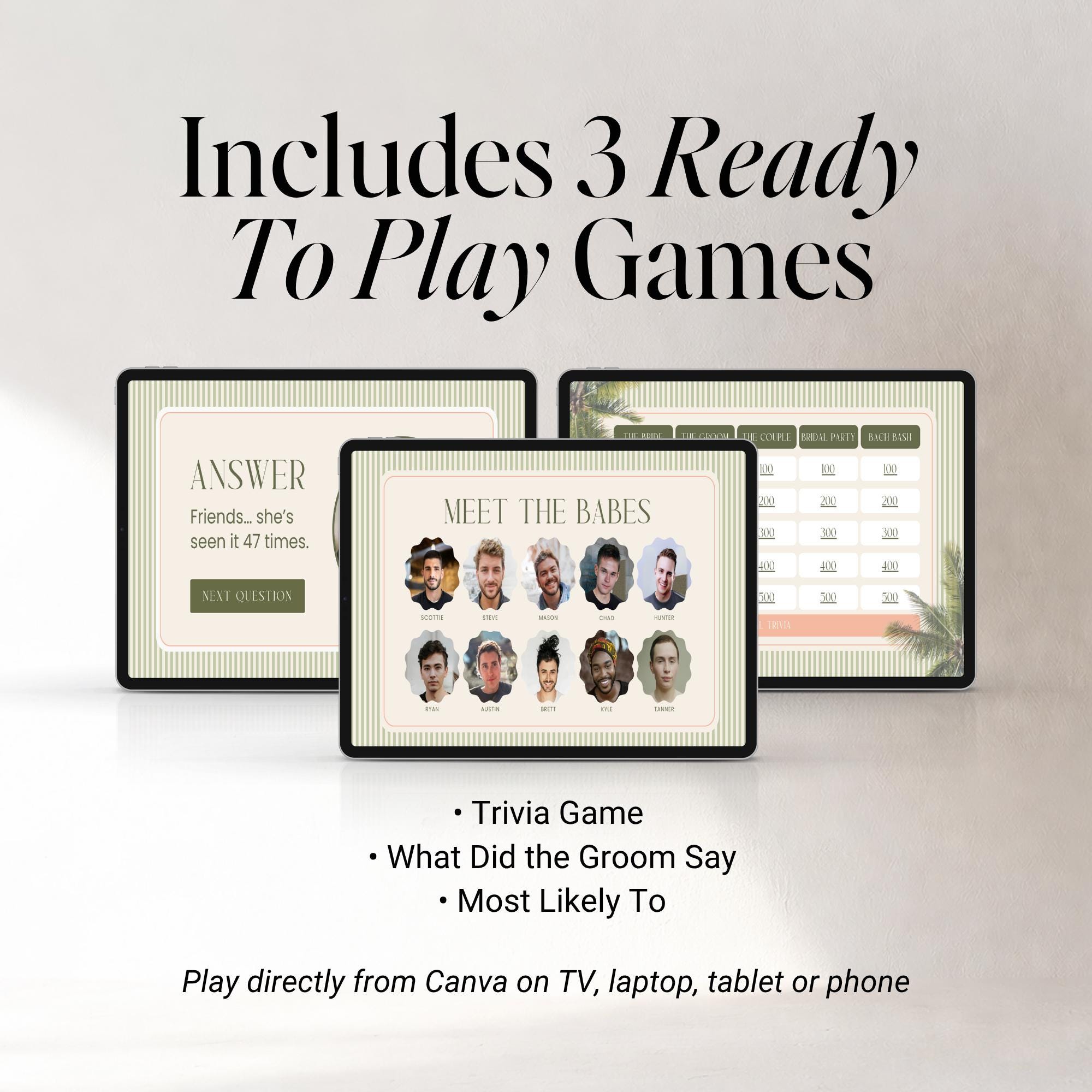 Tequila &amp; Tanlines Bachelorette Games Bundle – Animated Canva Party Games