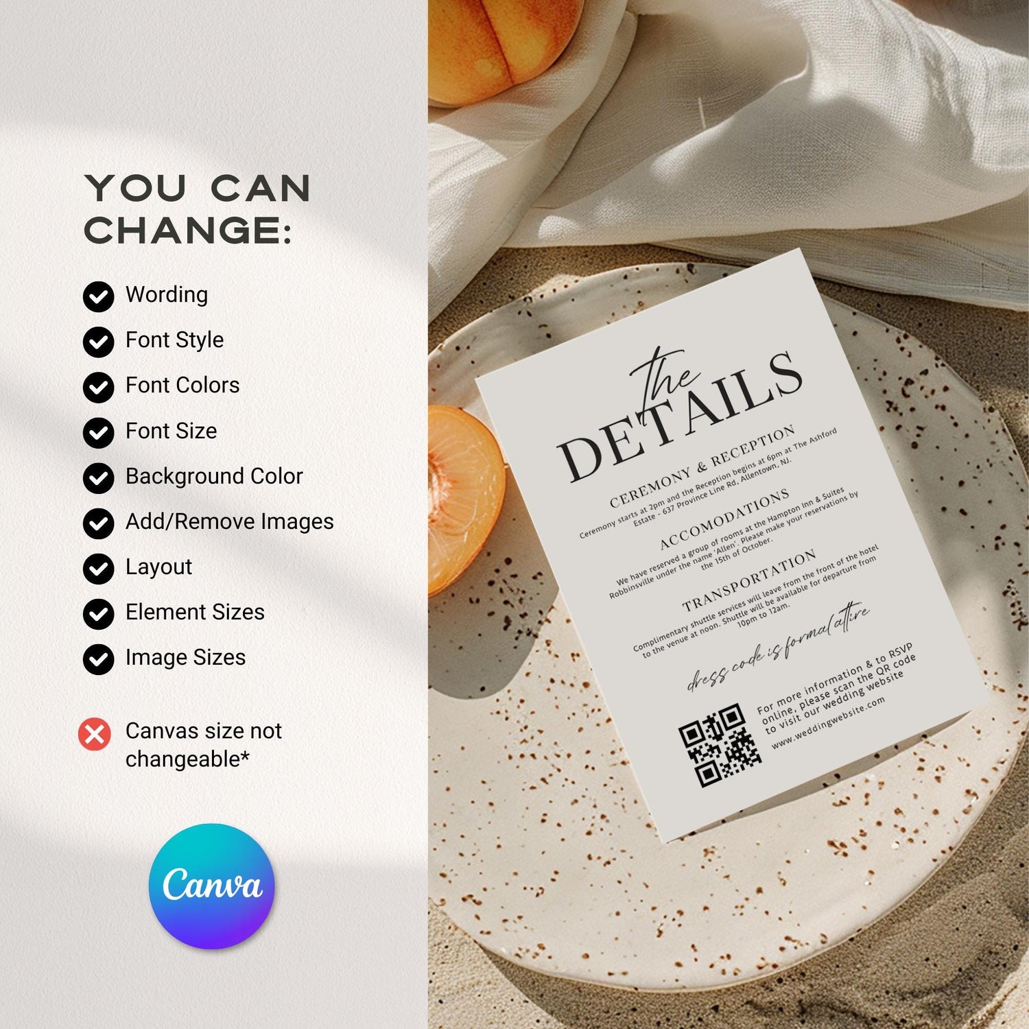 Minimalist Wedding Invitation Suite Template – Modern Invitation, QR Code RSVP &amp; Details Card Bundle