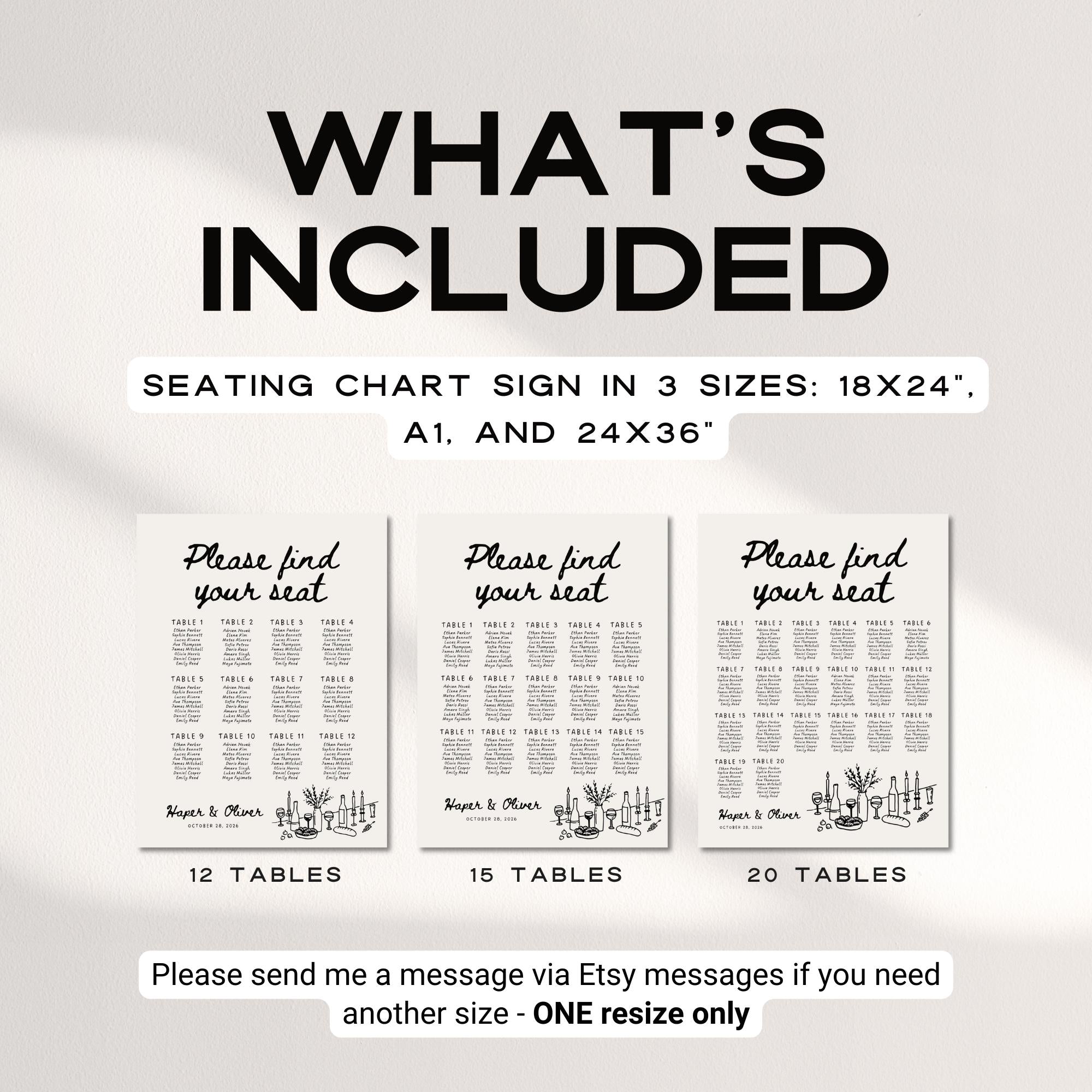 Whimsical Wedding Seating Chart Template – Hand-Drawn Editable Table Layout Canva Sign