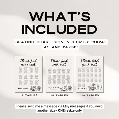Whimsical Wedding Seating Chart Template – Hand-Drawn Editable Table Layout Canva Sign