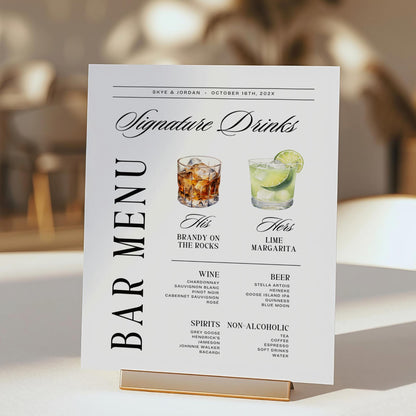 Signature Drink Sign – Old Money Wedding Bar Menu Template, His &amp; Hers Cocktail Canva DIY