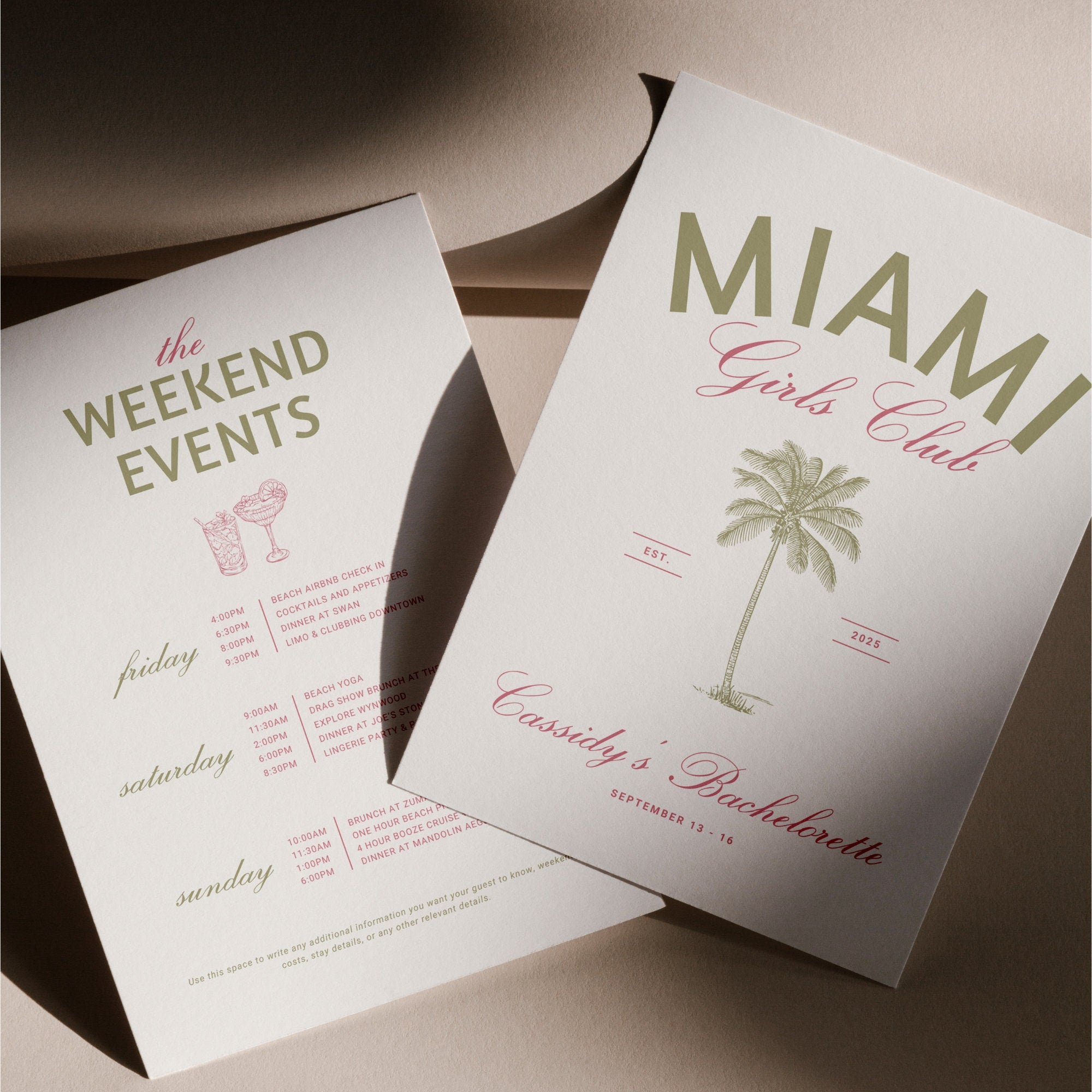 Miami Bachelorette Invitation &amp; Itinerary – Editable Girls Trip Canva Template