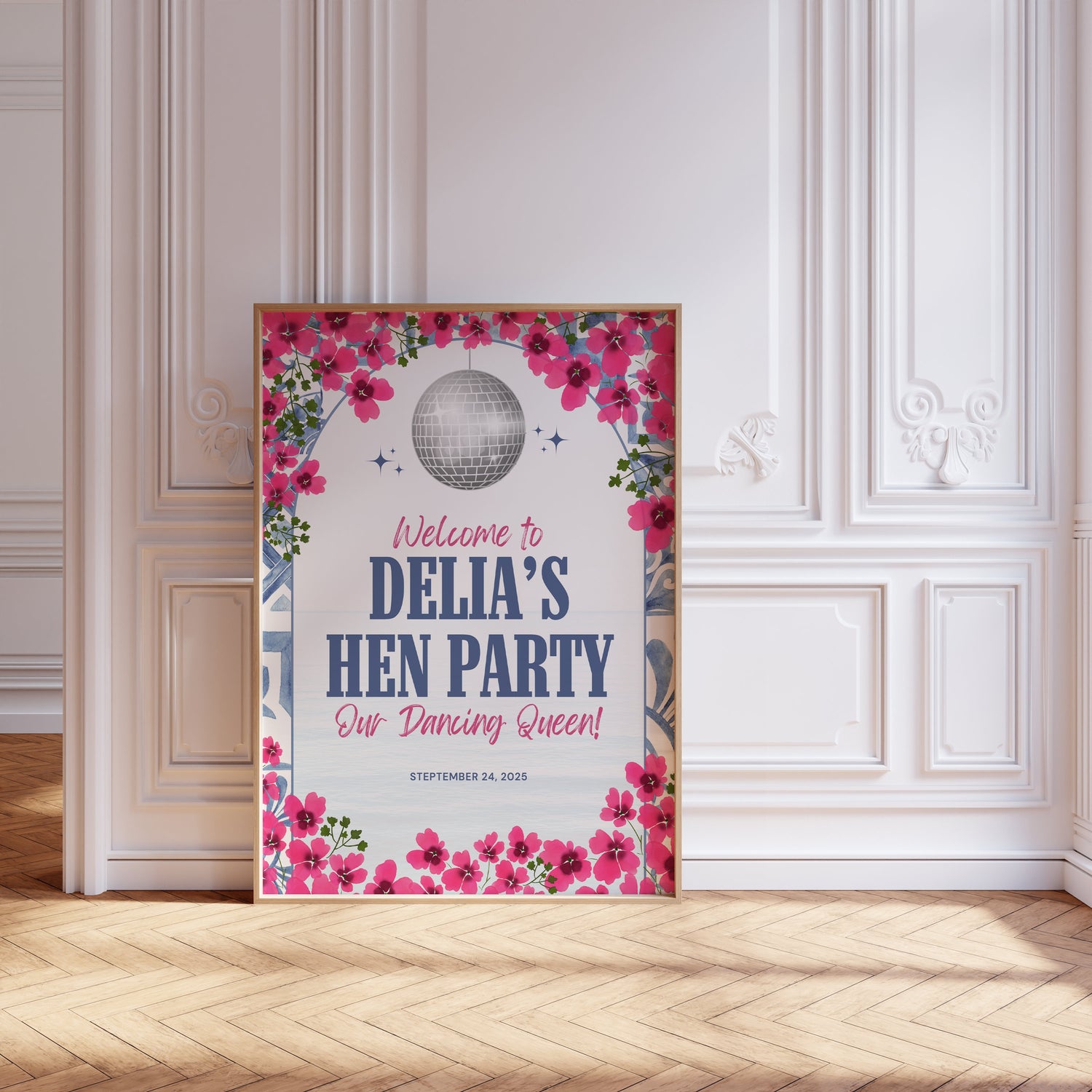 Mamma Mia Hen Party Welcome Sign – Editable Dancing Queen Canva Template for Bachelorette or Last Disco Theme