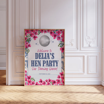 Mamma Mia Hen Party Welcome Sign – Editable Dancing Queen Canva Template for Bachelorette or Last Disco Theme