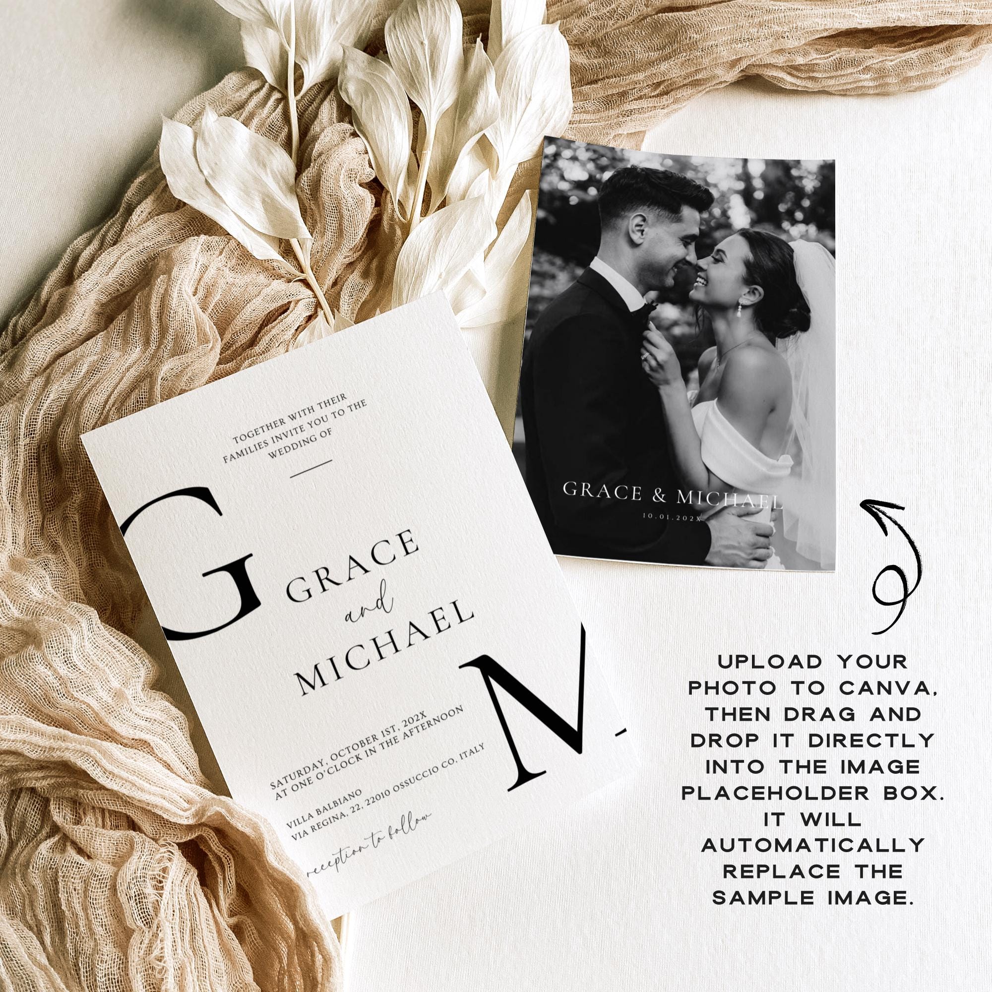 Classy Black &amp; White Wedding Invitation Suite, Editable Formal Invitation, Details Cards, RSVP QR Code, Modern Wedding Invite Canva Template