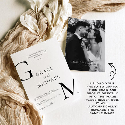 Classy Black &amp; White Wedding Invitation Suite, Editable Formal Invitation, Details Cards, RSVP QR Code, Modern Wedding Invite Canva Template