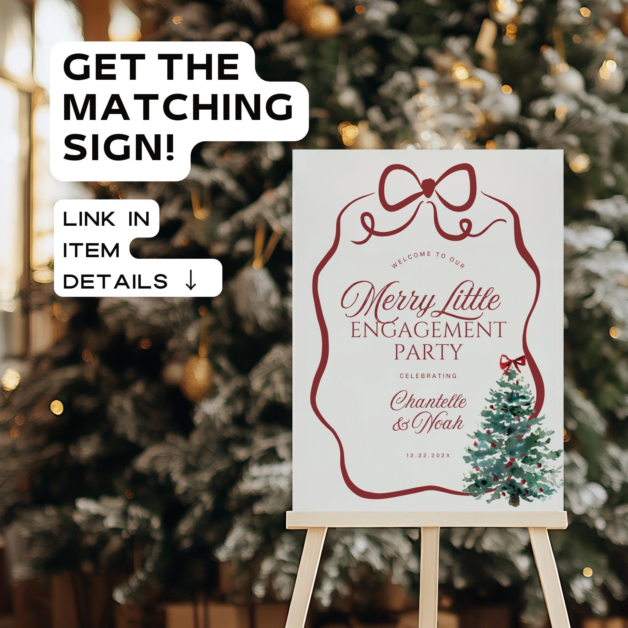 Christmas Engagement Party Invitation – Wavy Bow Watercolor Tree Canva Template DIY