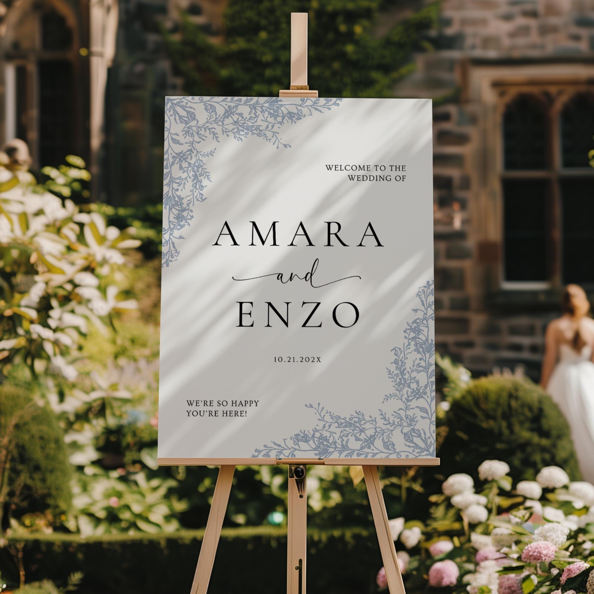 Dusty Blue Wedding Sign Template | Editable Floral Welcome Sign | Chinoiserie French Country Wedding Signage | Garden Wedding Canva DIY