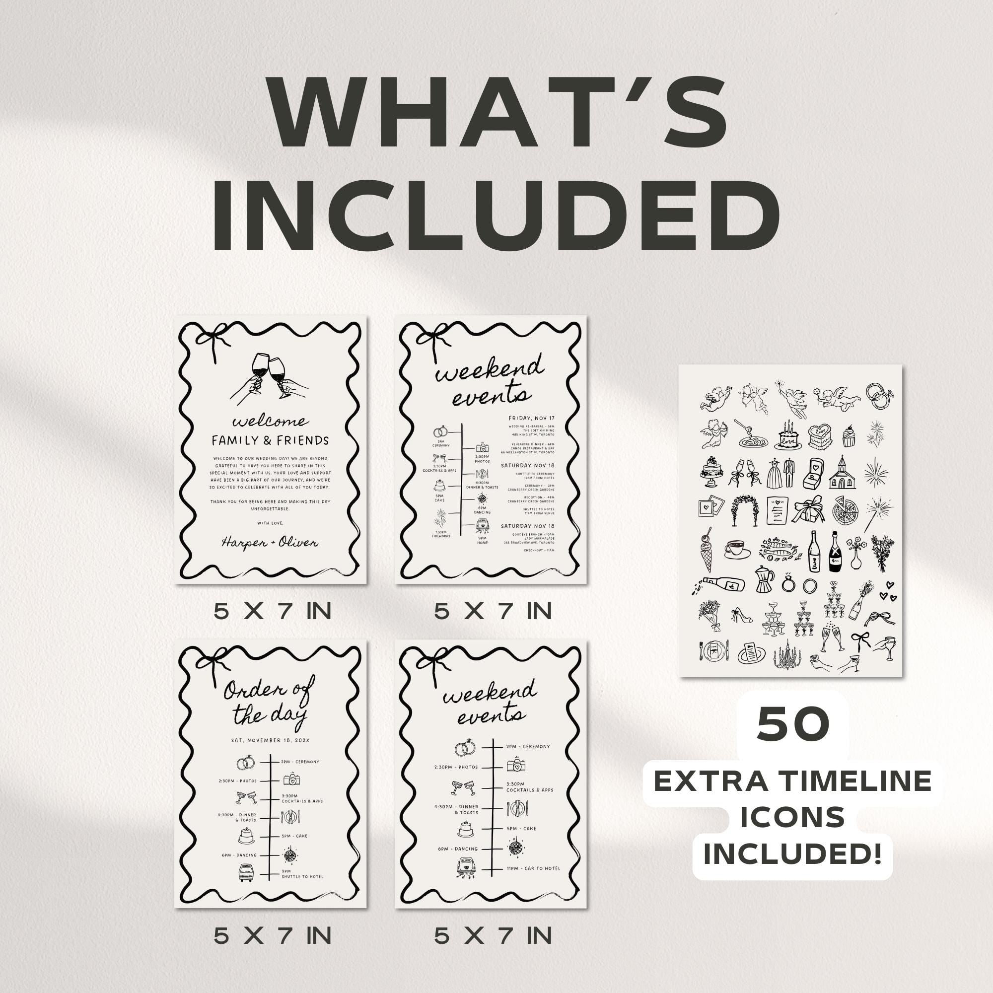 Wavy Wedding Welcome Bag Insert &amp; Timeline – Hand-Drawn Wedding Program Canva Template