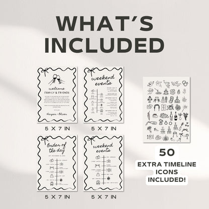 Wavy Wedding Welcome Bag Insert &amp; Timeline – Hand-Drawn Wedding Program Canva Template