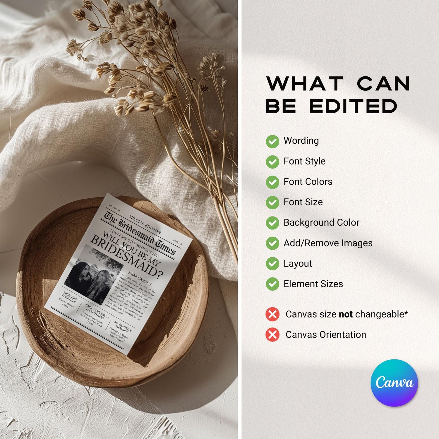 Newspaper Bridesmaid Proposal Card - Editable Canva Template