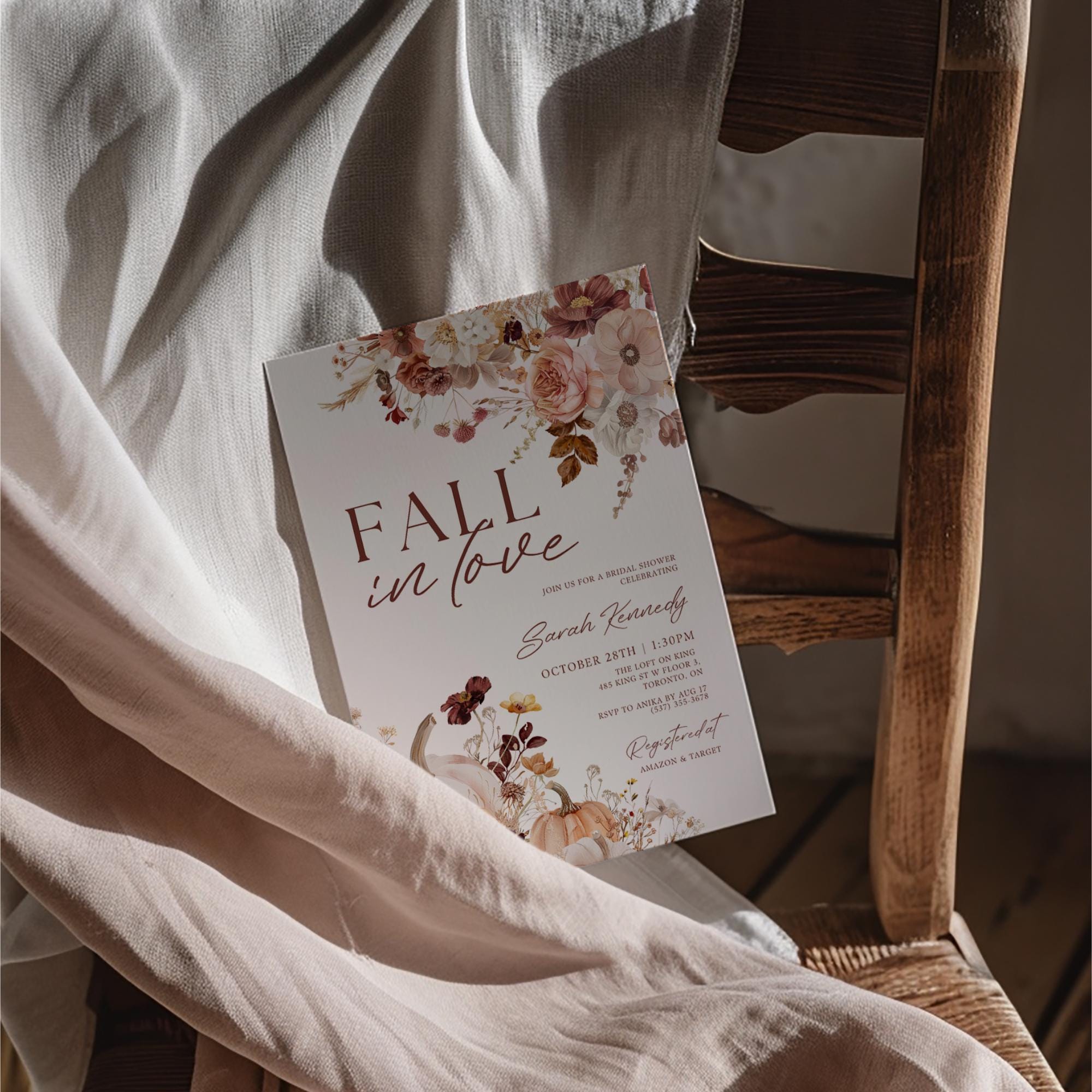 Fall In Love Bridal Shower Invitation Template, Fall Pumpkin Bridal Shower Invites, Autumn Floral Bridal Shower Invitations, Editable Canva