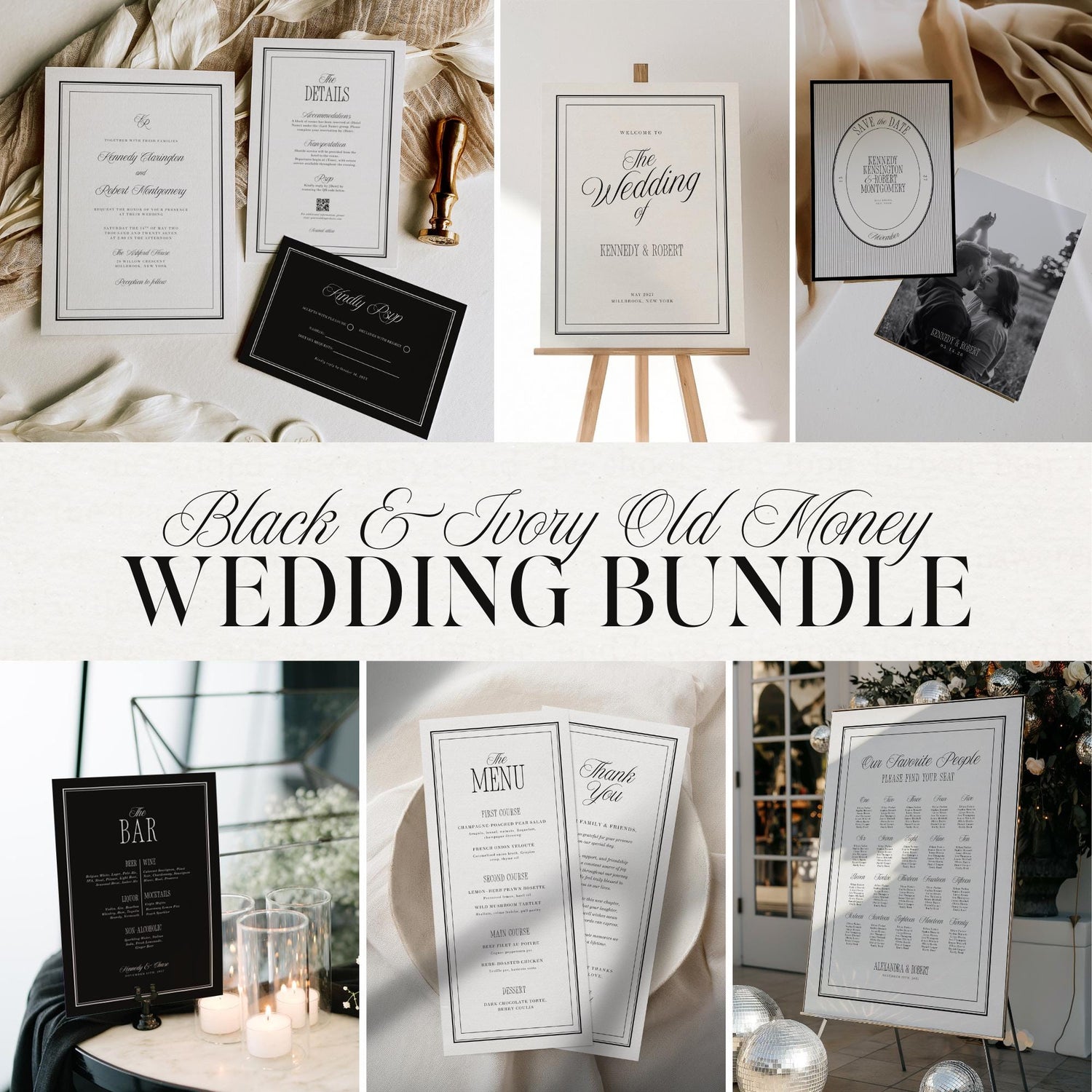 Black &amp; Ivory Wedding Bundle – Elegant Estate Wedding Canva Templates