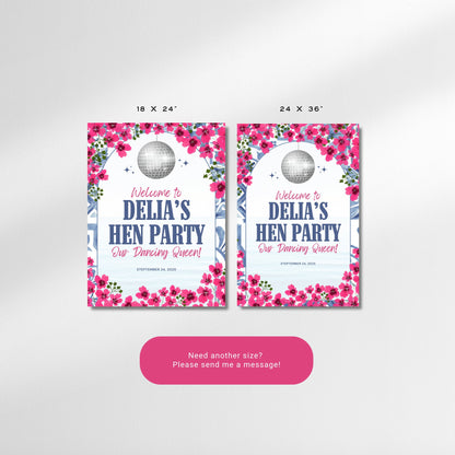Mamma Mia Hen Party Welcome Sign – Editable Dancing Queen Canva Template for Bachelorette or Last Disco Theme