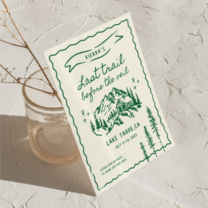 Camp Bachelorette Invitation &amp; Itinerary – Editable Canva Template for Glamping or Last Trail Before the Veil Weekend