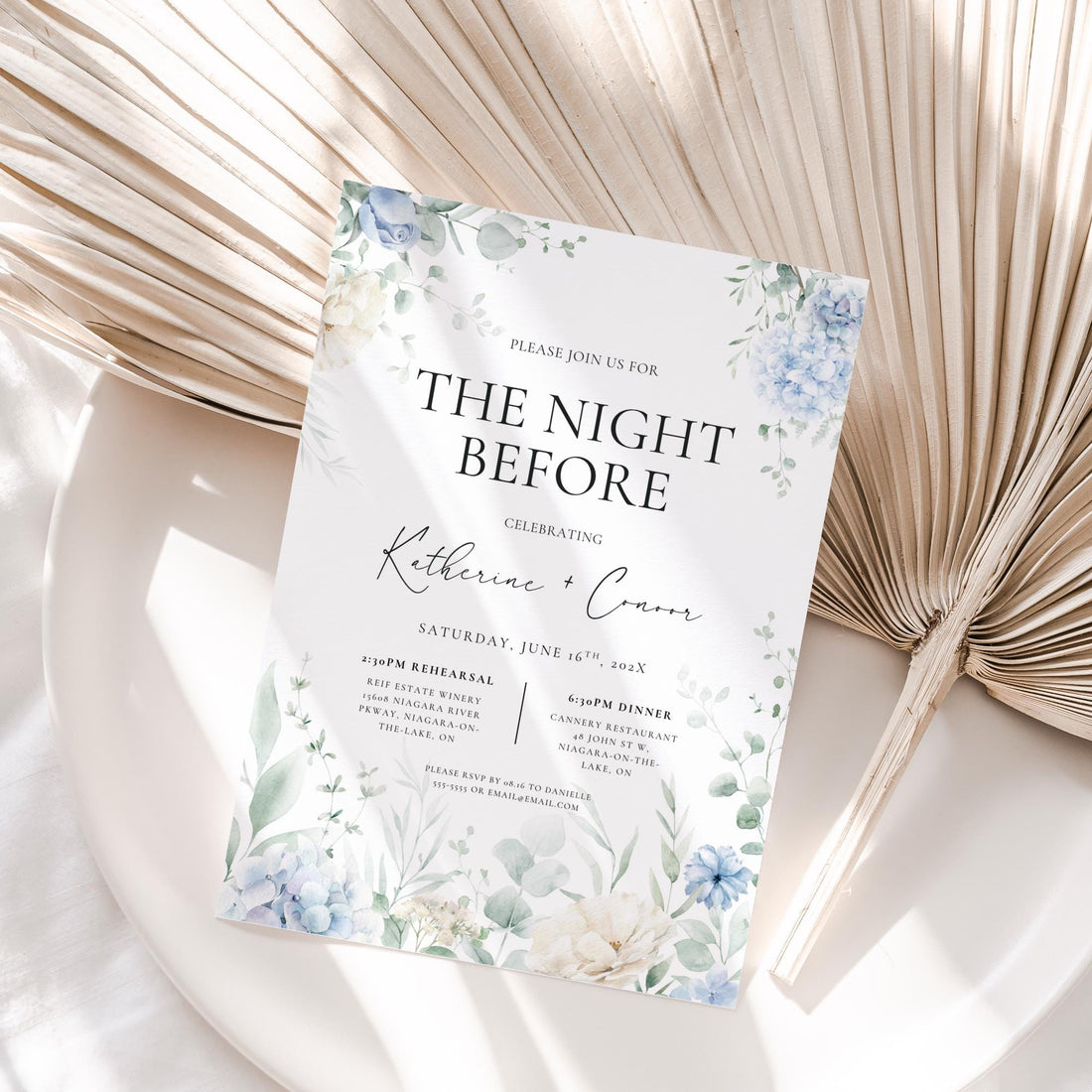 Dusty Blue Floral Rehearsal Dinner Invitation Template – Editable “The Night Before” Canva Design