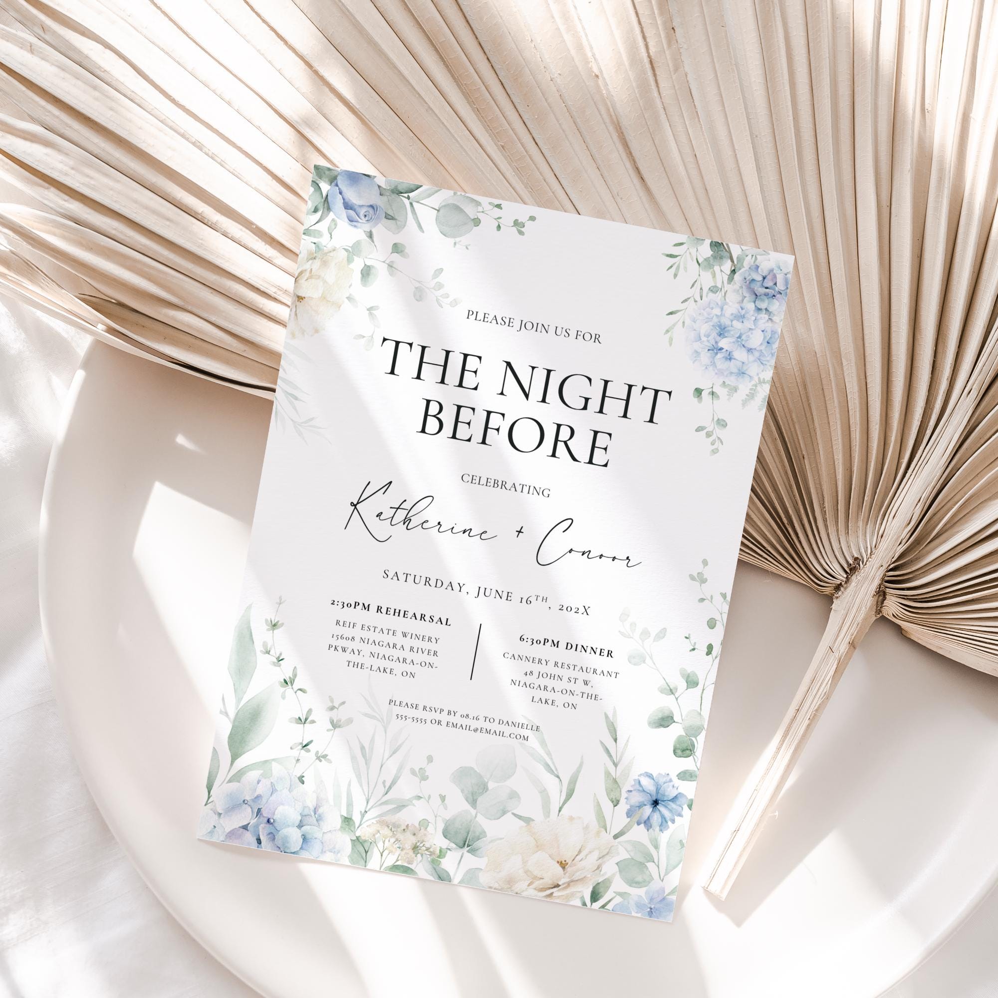 Dusty Blue Floral Rehearsal Dinner Invitation Template – Editable “The Night Before” Canva Design