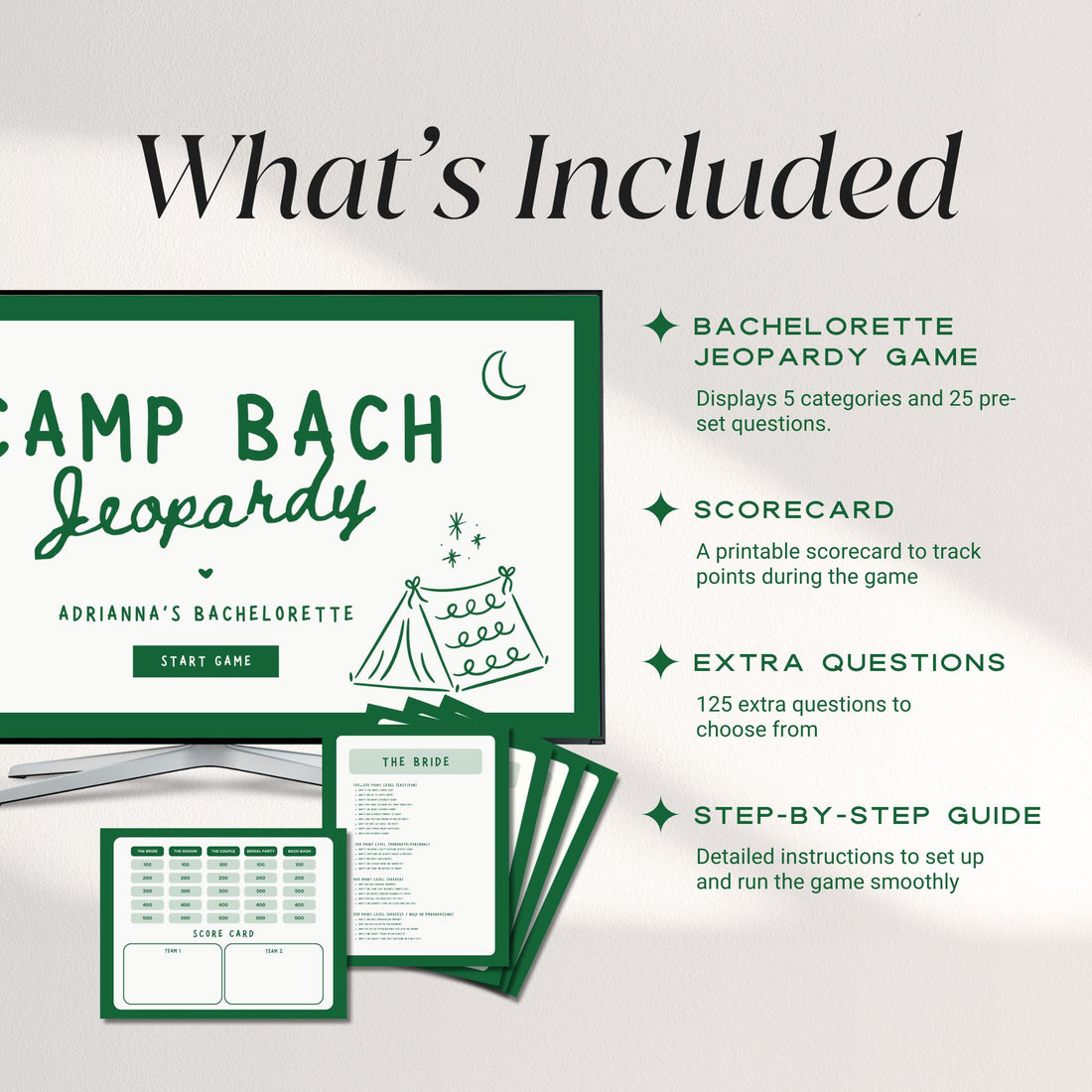 Camp Bachelorette Jeopardy Game – Glamping &amp; Cabin Trivia Canva Template