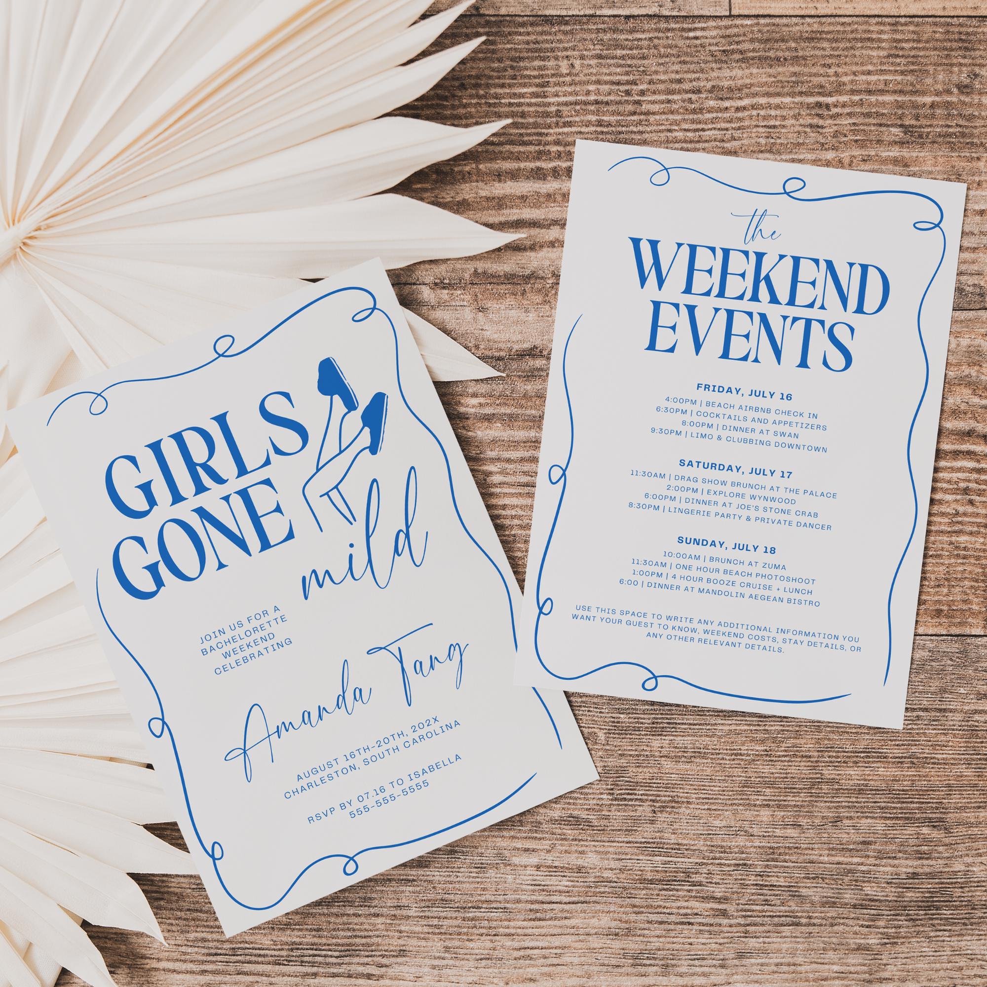 Girls Gone Mild Bachelorette Invitation, Itinerary &amp; Packing List – Editable Slumber Party Canva Template