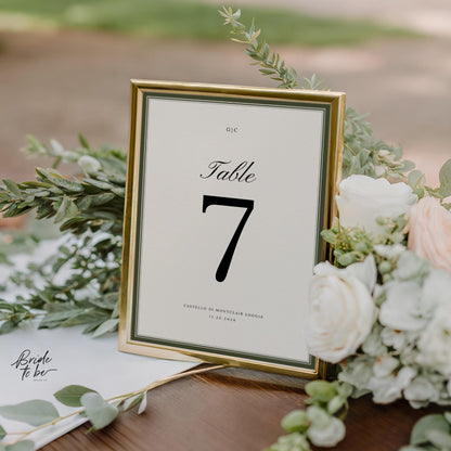 Old Money Olive Green Table Numbers 1–20 – Elegant Classic Wedding Table Cards – Editable Canva Template