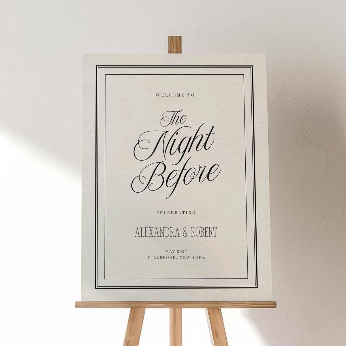 Black &amp; Ivory Night Before Welcome Sign | Rehearsal Dinner Canva Template