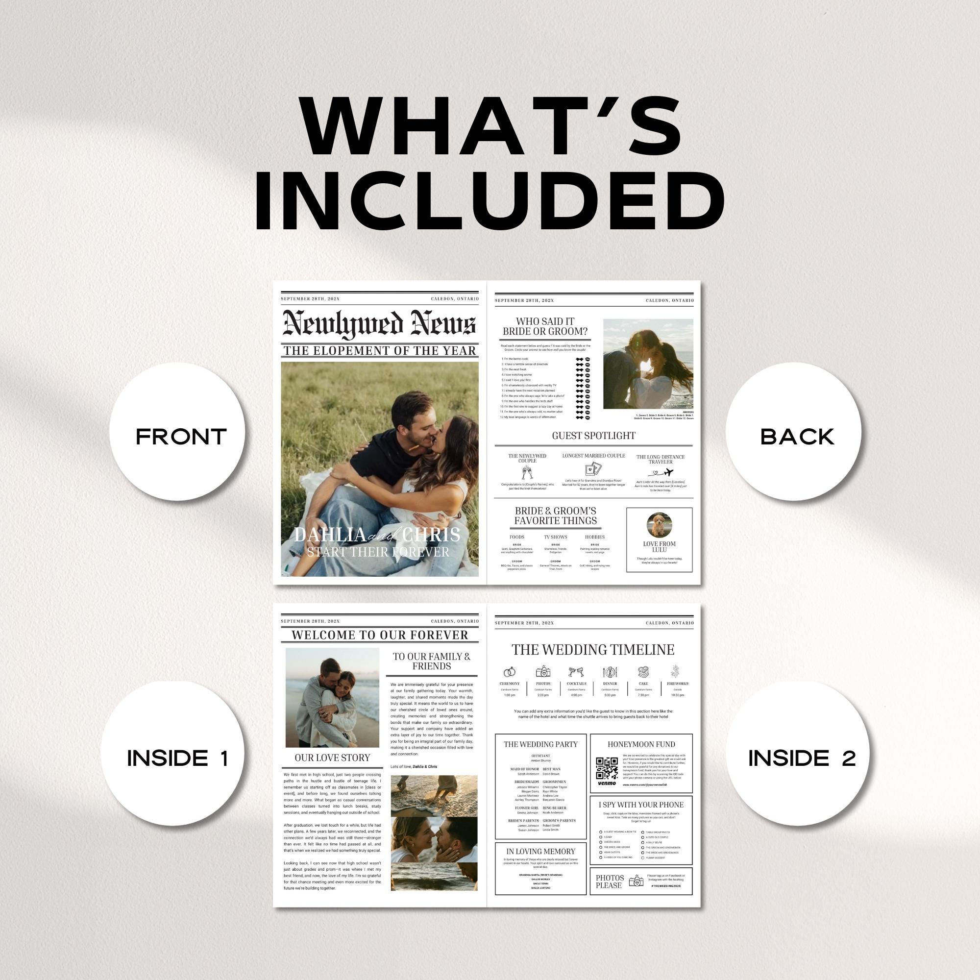 Photo Wedding Newspaper Template – Editable Newspaper Program &amp; Save the Date Canva