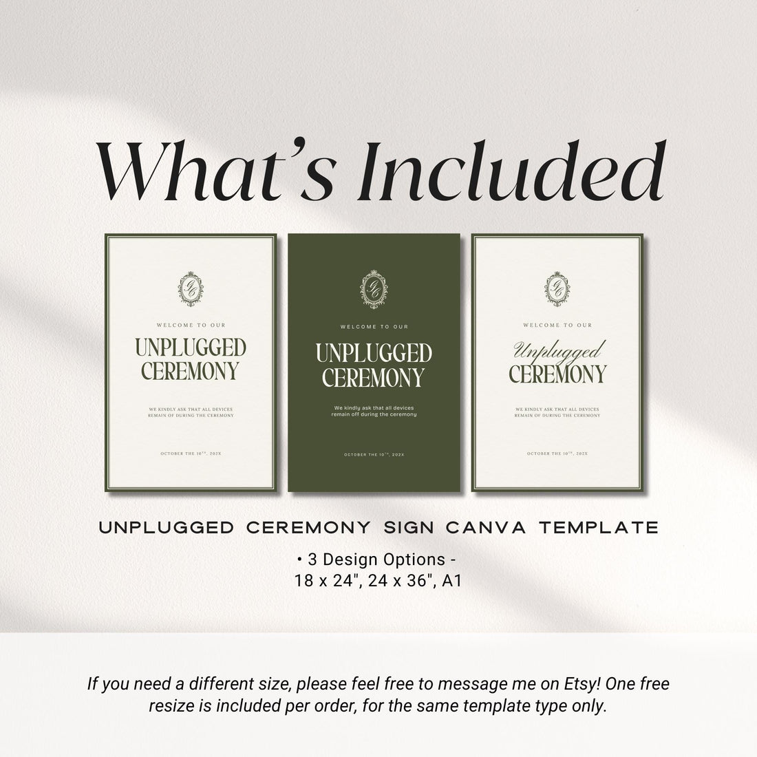 Old Money Unplugged Ceremony Sign Template – Olive Green Wedding Sign – Elegant Canva Printable