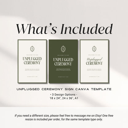 Old Money Unplugged Ceremony Sign Template – Olive Green Wedding Sign – Elegant Canva Printable
